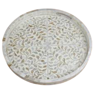 Plateau rond artisanal en nacre incrustée, motif floral, plateau de service décoratif, plateau de table ou ottoman, finition blanche et coquille naturelle - Product Image 1
