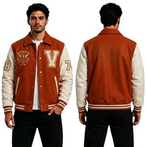 Veste de baseball en laine épaisse vert olive avec bordure en tricot côtelé et fermeture à boutons-pression pour homme - Product Image 4
