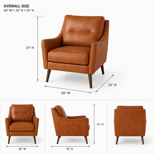 Sillón de Cuero Genuino de Estilo Moderno de Mediados de Siglo, Patas de Madera Maciza, Sillón para Sala de Estar, Sillón de Cuero - Product Image 2