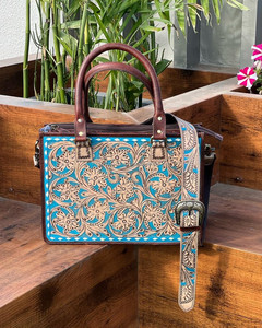 New Real Hand <b>Tooled</b> Floral Turquoise Print Leather <b>Tote</b> <b>Bag</b> New Western Stylish <b>Tooled</b> Leather Hot Turquoise Clutch Combo Set - Product Image 4