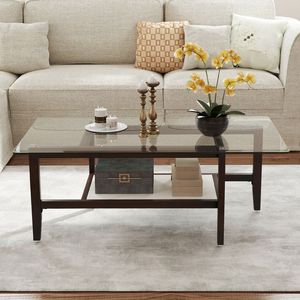 42-Inch Rectangular 2-Tier Glass Coffee <b>Table</b> with Storage Shelf - Product Image 3