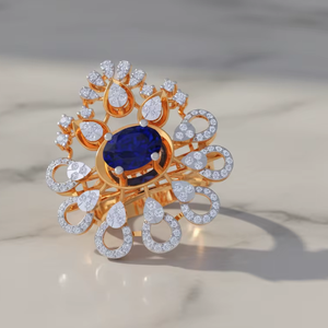 Bague de cocktail florale en saphir bleu royal, bijoux de mode en or pour mariage et fiançailles - Product Image 5