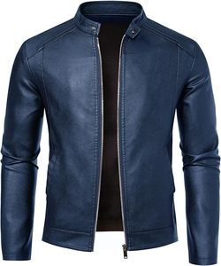 Men's Navy Blue Genuine <b>Leather</b> <b>Jacket</b> Moto Biker Style Stand Collar Zipper Closure Slim Fit Regular Sleeve Solid Color Autumn - Product Image 1