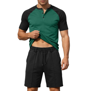 Conjunto de 2 Piezas para Hombre, Camisa Henley de Manga Corta y Pantalones Cortos de Playa para Verano, 100% Algodón, Tela de Velour - Product Image 4