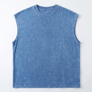 Camiseta sin mangas prémium de algodón de 180 g/m² de alto gramaje, transpirable, con lavado ácido, azul cielo vintage, lavado mineral, corte holgado, estilo streetwear - Product Image 5