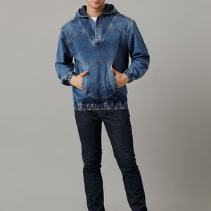 เสื้อฮู้ดดี้เดนิมโอเวอร์ไซส์บุขนเชอร์ปาสำหรับผู้ชาย แจ็คเก็ตฮู้ดดี้สำหรับฤดูหนาวแบบดิสเทรส สไตล์ชุดทำงานสั่งทำพิเศษ เสื้อคลุมกันหนาว - Product Image 2