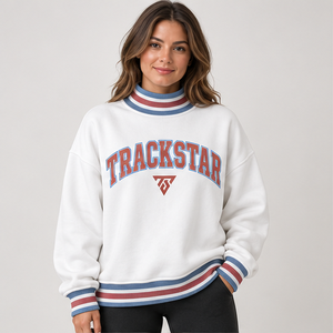 Sudadera Blanca de Cuello Alto para Mujer con Ribete a Rayas Azules y Color Óxido, Letras Varsity, Manga Larga, Logotipo Personalizado - Product Image 1