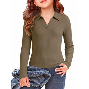 เสื้อโปโลเด็กผู้หญิง แขนยาว ผ้าริบ สีม่วง ชุดนักเรียน คอวี ยืดหยุ่น นุ่ม สบาย - Product Image 6