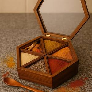 Boîte à épices hexagonale en bois d'acacia artisanale à prix abordable avec cuillère, design moderne et simple, accessoires de cuisine - Product Image 1