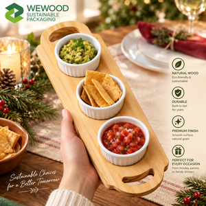 Bandeja de Servir Clásica de Madera Natural WEWOOD con Asas, Duradera y Ecológica, Tabla de Servir de 3 Secciones para Fiestas - Product Image 1