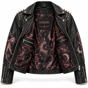 Chaqueta de cuero negra con cremallera asimétrica para mujer, estilo gótico rosa con estampado de retrato, cuello con tachuelas, abrigo de motociclista, proveedor de pedidos personalizados - Product Image 5