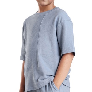 T-shirt asymétrique pour enfants en coton épais, coupe oversize, bleu clair, épaules tombantes - Product Image 2