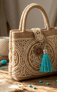 Wooden Mandala <b>Key</b> <b>Tassel</b> With Turquoise Fringe Decorative Keychain - Product Image 2