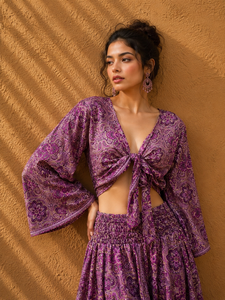 Amethyst Boho Two-Piece Silk Woven Skirt Set for Women-<b>Elastic</b> Waist Paisley Print Maxi Skirt Lantern Sleeve Tie Neck Crop Top - Product Image 2