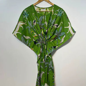 Nuevo Kaftán con Estampado Animal, Cuello en V, Cordón Ajustable, Estilo Flare, de Algodón Suave Indio, con Encaje, Largo, para Playa o Dama de Honor - Product Image 1