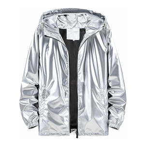 Veste unisexe argentée métallisée à capuche, coupe-vent brillant réfléchissant, imperméable et légère pour hommes - Product Image 1