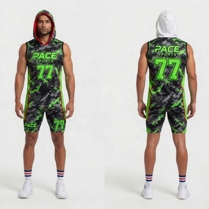 Custom Sublimation 7v7 Uniform - Neon Green Black Digital Camo Hooded Tank & Compression Shorts - Product Image 1