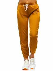 Pantalones cargo planos tejidos de invierno para mujer, de forro polar color mostaza, bordados, de cintura alta, con cremallera, de color liso, de corte regular, informales - Product Image 1