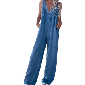 Combinaison sexy pour femmes en denim à taille haute, fitness, col en V, jambes larges, tricotée, respirante |   Combinaison utilitaire contemporaine - Product Image 5