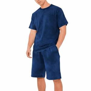 Conjunto Premium de Camiseta Oversize y Pantalones Cortos de Algodón 100% con Lavado Ácido Azul - Conjunto de Dos Piezas para Hombre, Estilo Vintage, Hombros Caídos, Tejido Pesado - Product Image 1