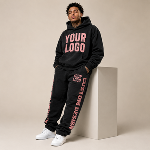 Men's <b>Black</b> Hooded Tracksuit Set Custom Logo Print Full Sleeve Streetwear Sweatshirt and <b>Pants</b> Loose Fit 100% Cotton Autumn Wear - Product Image 3