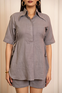 ชุดเซ็ตผ้าฝ้ายสลับลายสำหรับผู้หญิง เสื้อคอปกแขนสั้นและกางเกงขาสั้นสองชิ้น |   ชุดลำลองสำหรับฤดูร้อนสำหรับผู้หญิง - Product Image 4