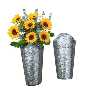 <b>Set</b> of 2 Galvanized Metal Wall Pocket Planters with Wooden Handles & Crosshatch Design Farmhouse Style Hanging Wall <b>Vase</b> On Sale - Product Image 3