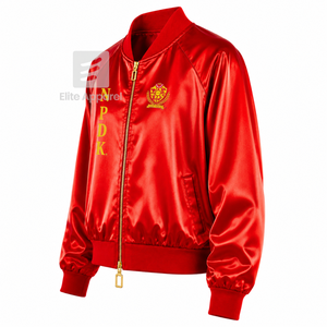 Veste en satin respirant personnalisée NSPDK Sorority avec logo brodé sur le devant, rouge et or, manches longues, pour femme - Product Image 2