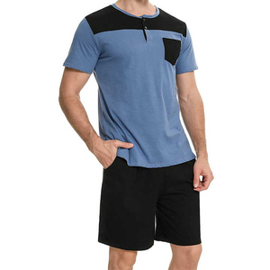 Ensemble T-shirt et short d'été pour homme de haute qualité, bleu et noir, tricoté, style color block, décontracté, loungewear, vente en gros OEM - Product Image 2