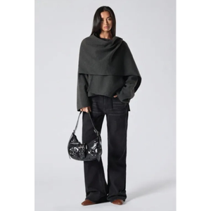 Poncho de punto con capucha y detalle de bufanda, suéter tipo capa, gris carbón, gris oscuro, mezcla, corte holgado y extragrande - Product Image 2