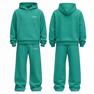 Conjunto Deportivo con Capucha Verde para Hombre, Color Sólido, 100% Algodón, Sudadera Casual de Corte Regular con 320 Gsm - Product Image 1