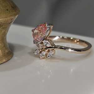 Lab Grown Vivid Pink 1.01CT Pear Cut Diamond Plant Leaf Shapes Ring 14K Yellow Gold Fine Engagement <b>Gift</b> Perfect Party <b>For</b> <b>Her</b> - Product Image 3