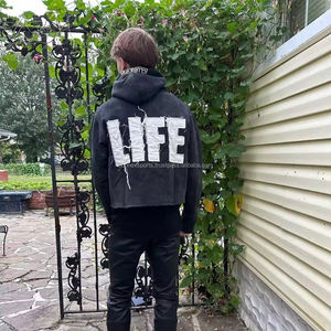 Sweat à capuche court pour hommes avec fermeture éclair graphique personnalisé vintage broderie patchwork poids lourd avec appliques lavées à l'acide 80% - Product Image 4