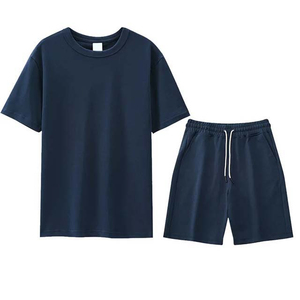 Conjunto de camiseta de manga corta de algodón azul marino unisex con cuello redondo y pantalones cortos casuales de verano transpirables de ajuste holgado con cordón y laterales - Product Image 4