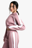 Ensemble de survêtement rose pour femme, 2 pièces, haut court à col rond, pantalon de jogging à rayures latérales