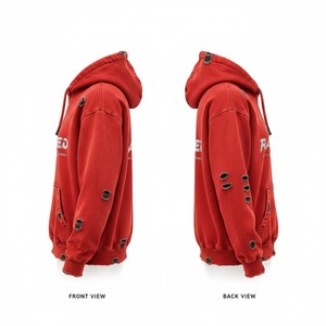 Streetwear Distressed <b>RED</b> Breathable 100% Cotton Heavyweight Oversized Hooded <b>Sweatshirt</b> Streetwear Winter Men <b>Women</b> Loose Fit - Product Image 4