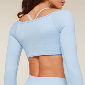 Camiseta Corta de Manga Larga para Mujer, Cuello Ancho, Transpirable, Diseño de Color Sólido, Material Personalizado, Compresión, Venta al por Mayor - Product Image 4