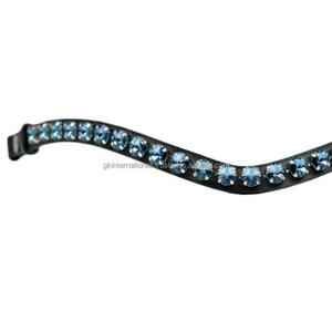Bande de front de cheval en cuir de forme incurvée garantie à vie avec strass de cristaux ronds bleu denim bande de front méga bling - Product Image 2