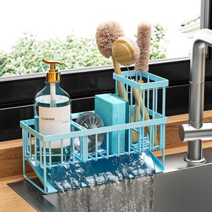 Organisateur d'évier de cuisine en acier inoxydable 304 bleu antirouille avec supports pour brosse et éponge, accessoire de comptoir - Product Image 1