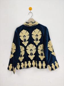Premium Navy Velvet <b>Embroidered</b> Suzani <b>Jacket</b> With Floral Pattern Full Sleeve Stand Collar Bohemian <b>Women</b> Autumn Outerwear - Product Image 5