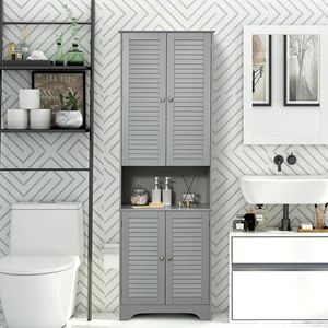 Armadio Alto Europeo a Doppia Anta in PVC e MDF con Ripiani Regolabili per Bagno e Soggiorno - Grigio - Product Image 2