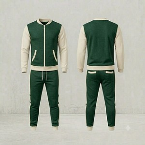 <b>Men's</b> Green Tracksuit Set Full Zip <b>Jacket</b> Joggers Solid Color Casual Autumn Wear Breathable Polyester Regular Fit - Product Image 1
