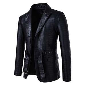 Men's Black Crocodile Embossed PU Leather Jacket With <b>Belt</b> Smart Casual <b>Slim</b> Fit Turn-down Collar Single Breasted - Product Image 5
