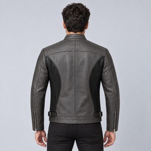 <b>Mens</b> Grey Black Genuine Leather Cafe <b>Racer</b> Motorcycle <b>Jacket</b> Canvas Stand Front Waterproof Windproof Multiple Zipper Pockets - Product Image 4