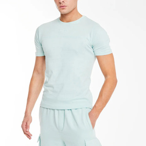 Men's Light Blue Cotton <b>Knitted</b> Solid Casual Summer Short <b>Set</b> Breathable T-Shirt and Shorts Outfit - Product Image 3