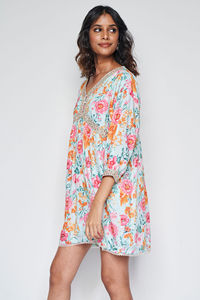 Handmade Hand Block Printed Women's Boho Floral V Neck <b>Dress</b> Empire Waist Batwing <b>Sleeve</b> Mini Casual <b>Summer</b> <b>Dress</b> - Product Image 4