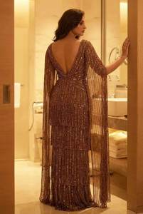 Vestido de Noche de Lujo con Lentejuelas Bronceadas y Mangas Tipo Capa, Vestido de Fiesta Brillante Ajustado hasta el Suelo para Mujer, Venta al por Mayor - Product Image 4