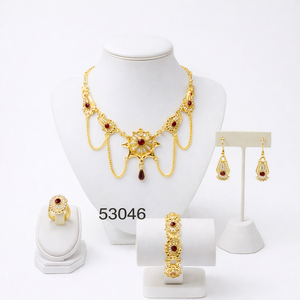 ชุดสร้อยคอผู้หญิงดีไซน์ใบไม้ประดับเพชรซิร์คอนชุบทองหรูหราทันสมัย พร้อมต่างหูแบบห้อยเข้าชุด สายสร้อยแบบเชือก 16 นิ้ว 53047 - Product Image 3