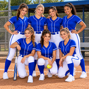 Women Baseball/Softball Uniform Set <b>Blue</b> V-Neck Short Sleeve Jersey <b>White</b> Pants With <b>Blue</b> <b>Stripe</b> Fitted Sportswear All Seasons - Product Image 6