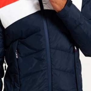 Chaqueta acolchada azul oscuro para hombre con capucha, cierre de cremallera, diseño de bloques de color, cortavientos, deportiva de invierno, corte regular, relleno de poliéster, a la moda. - Product Image 3